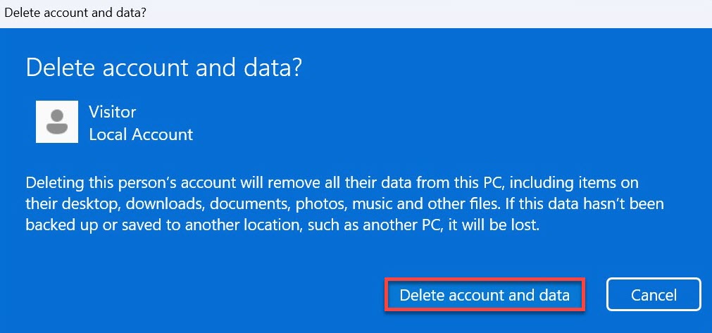 Windows 11 delete user account method screenshot