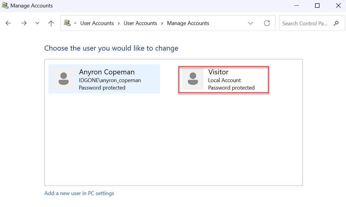 Windows 11 delete user account method screenshot