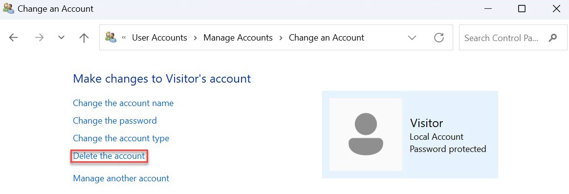 Screenshot of Windows 11 user account deletion method