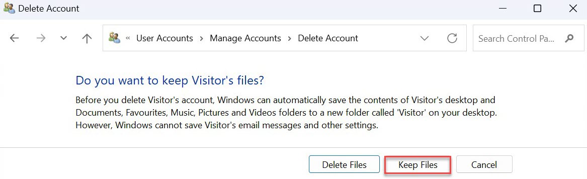 Windows 11 delete user account method screenshot