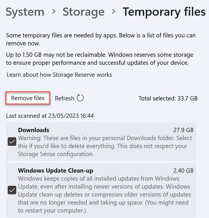 Tela de arquivos temporários do Windows 11