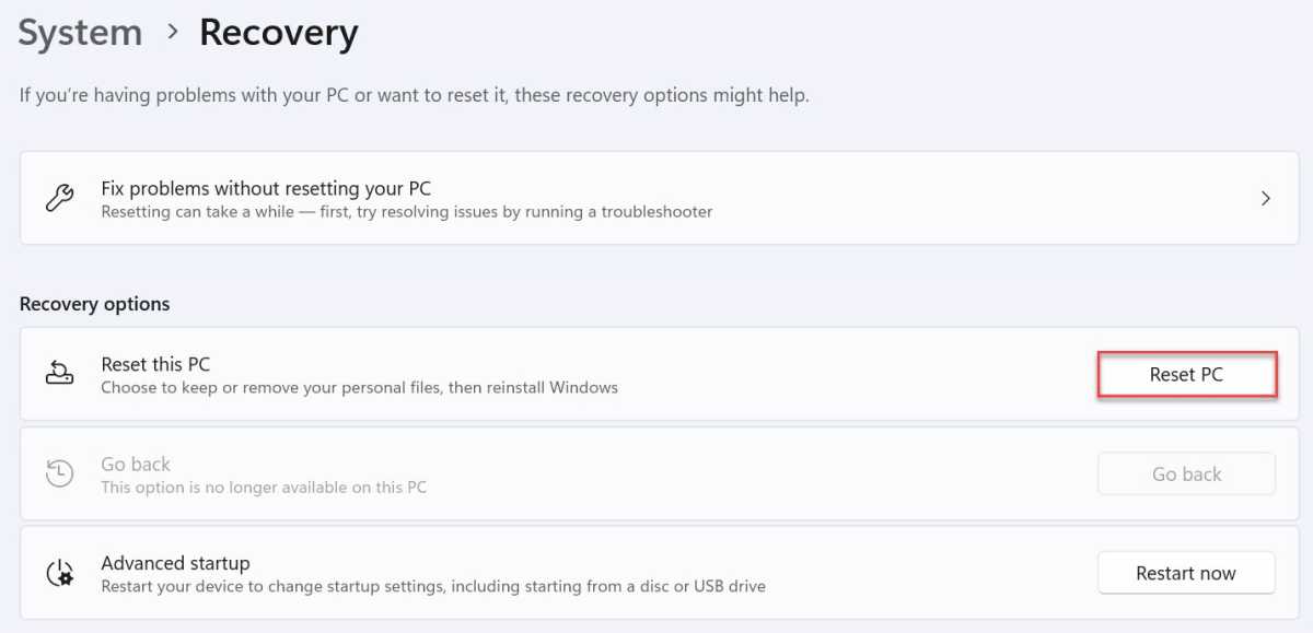 Windows 11 Reset PC option