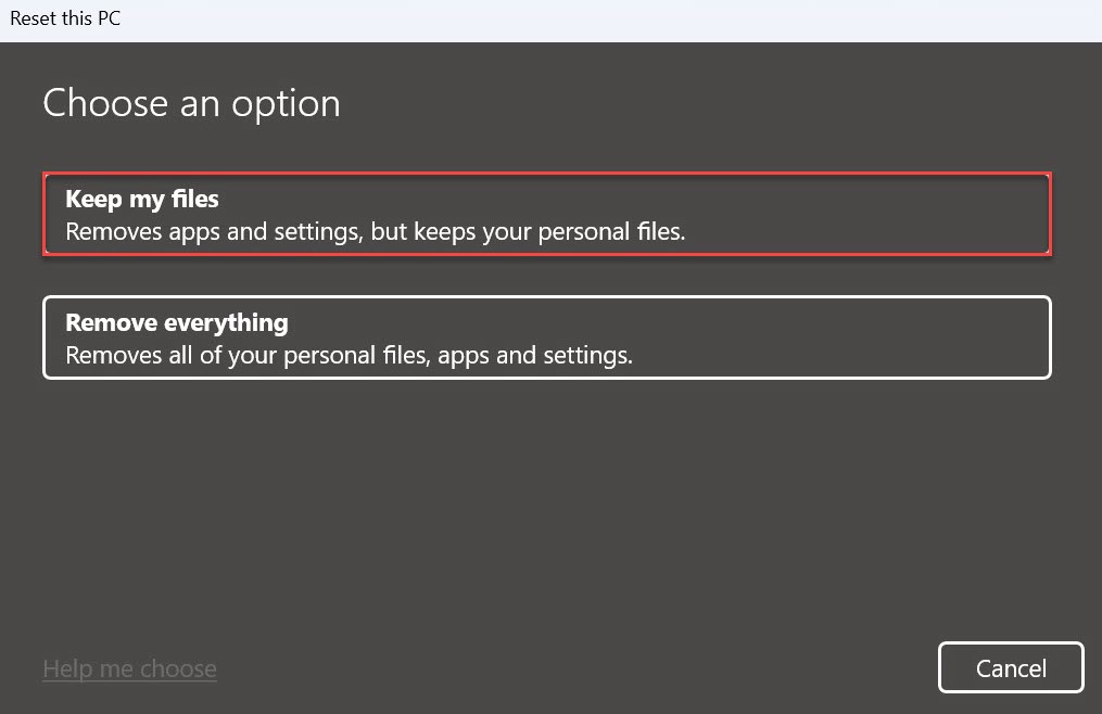 Reinicialização do Windows 11 - opção Manter meus arquivos