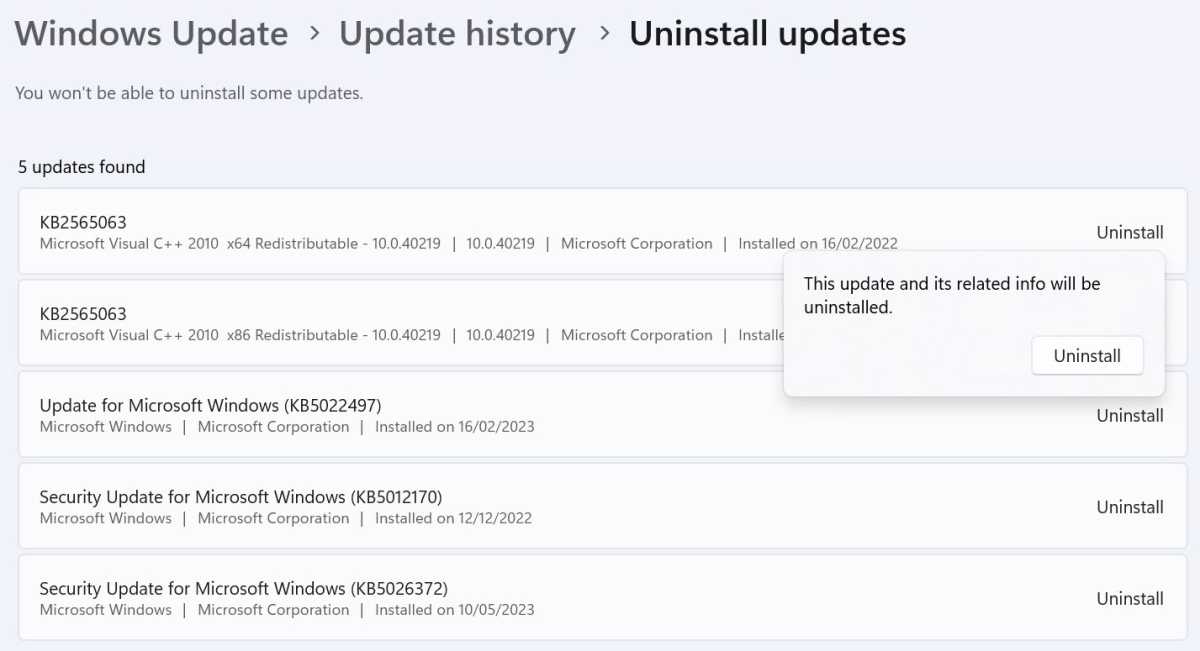 Tela de atualizações de desinstalação do Windows 11