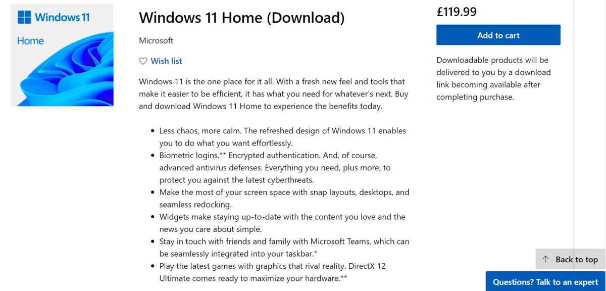 Windows 11 Home Microsoft purchase page