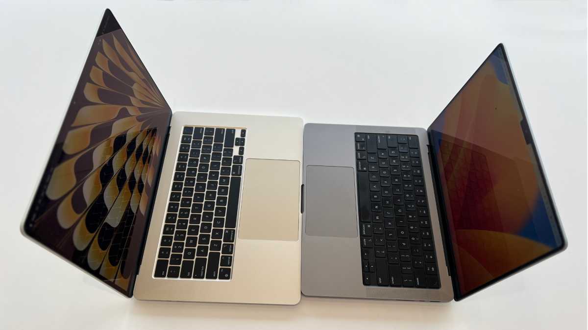 MacBook Air de 15 pulgadas (izquierda) y MacBook Pro 2023 de 14 pulgadas