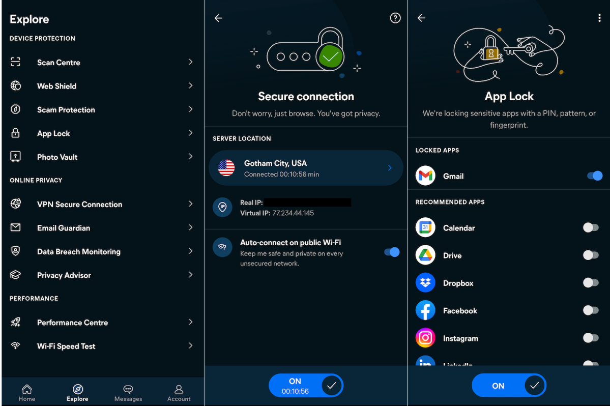Avast One app for Android detailing the main menu, secure VPN connection, and the App Lock