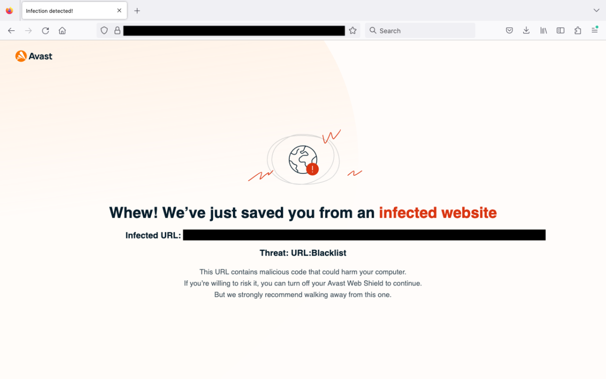 Avast One for macOS Web Sheild detecting an infected web page
