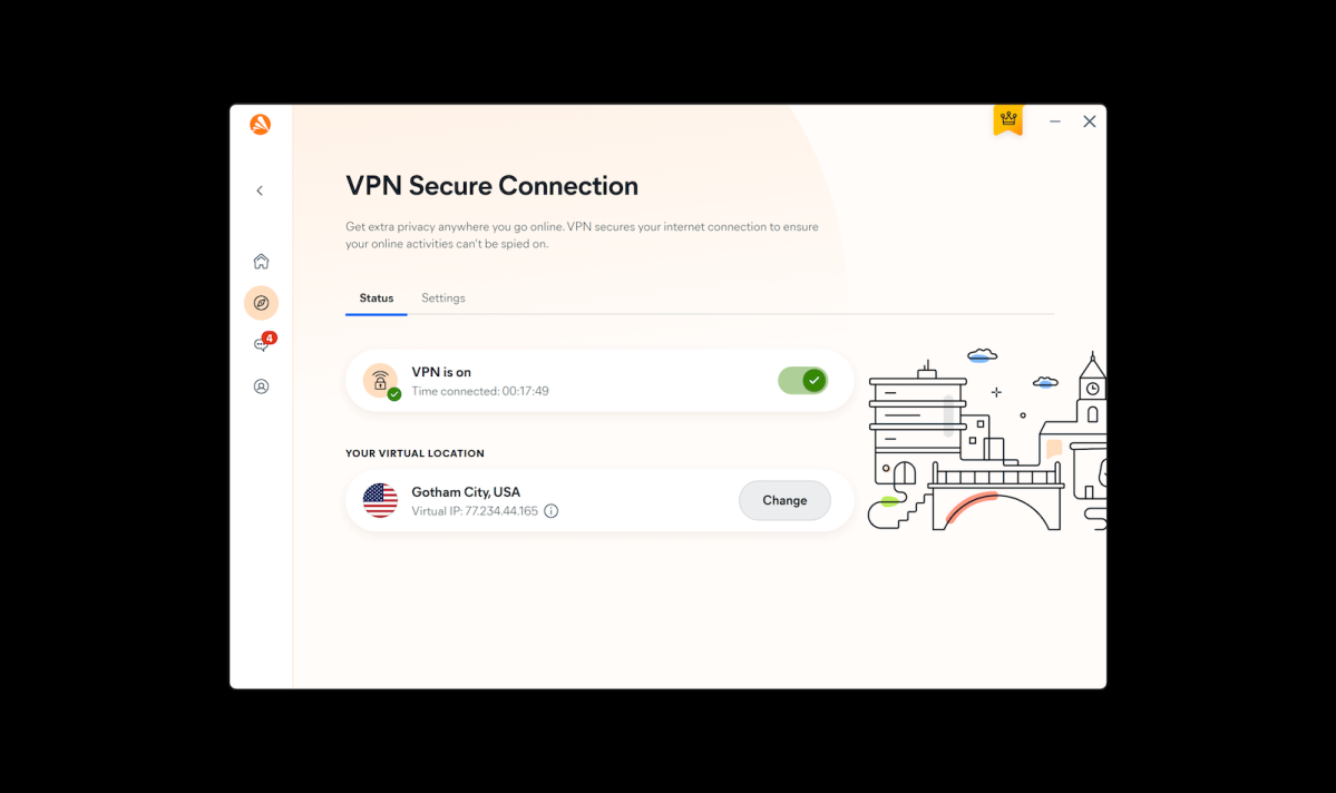 The VPN control panel of the Avast One Windows app