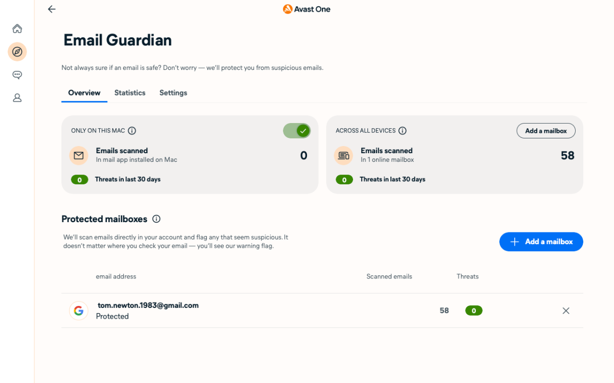 Avast One for macOS Email Guardian detailing a protected account
