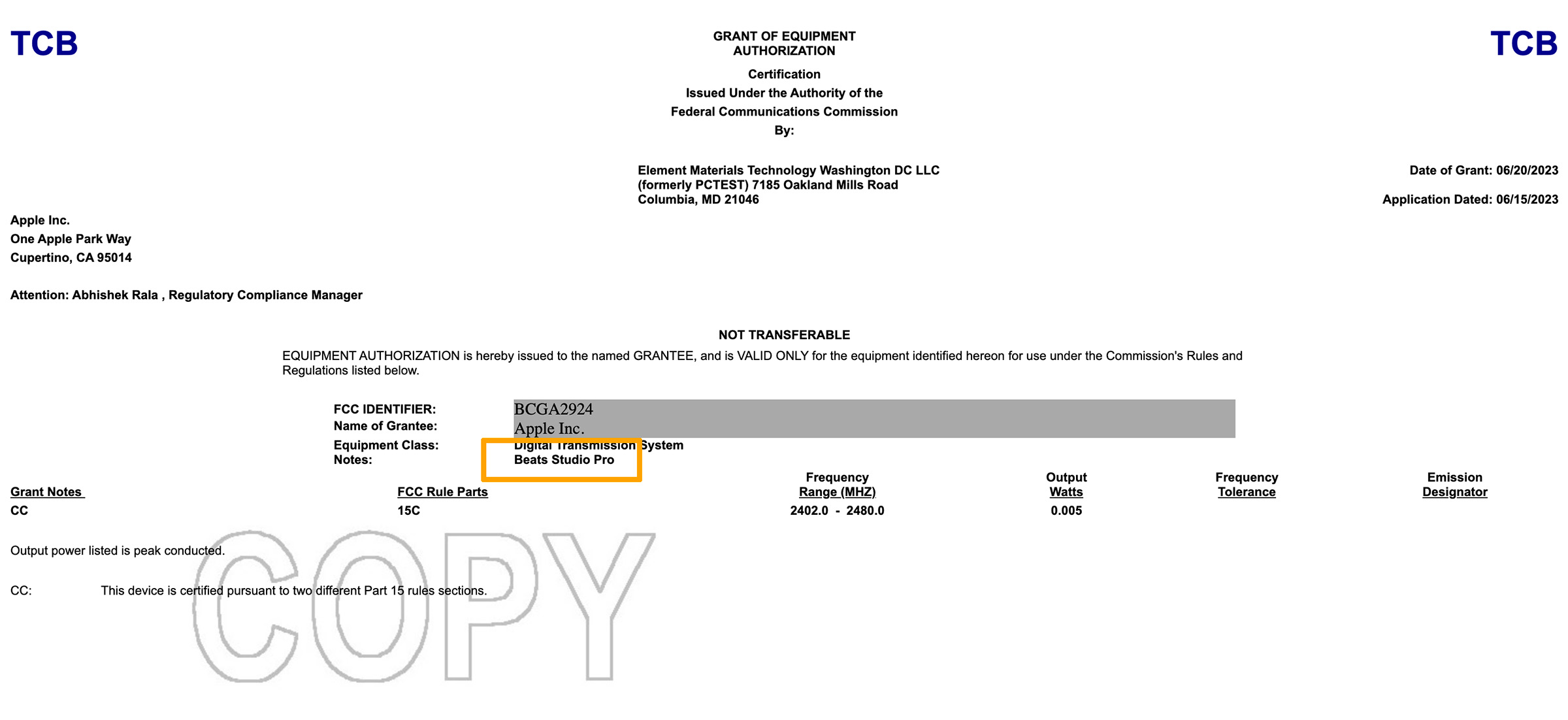 Beats Studio Pro FCC certification