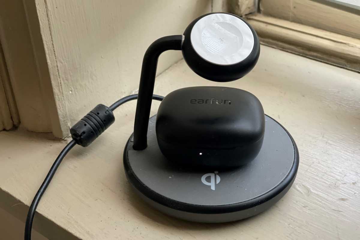 EarFun Air Pro 3 in a charging case on a Qi charging pad