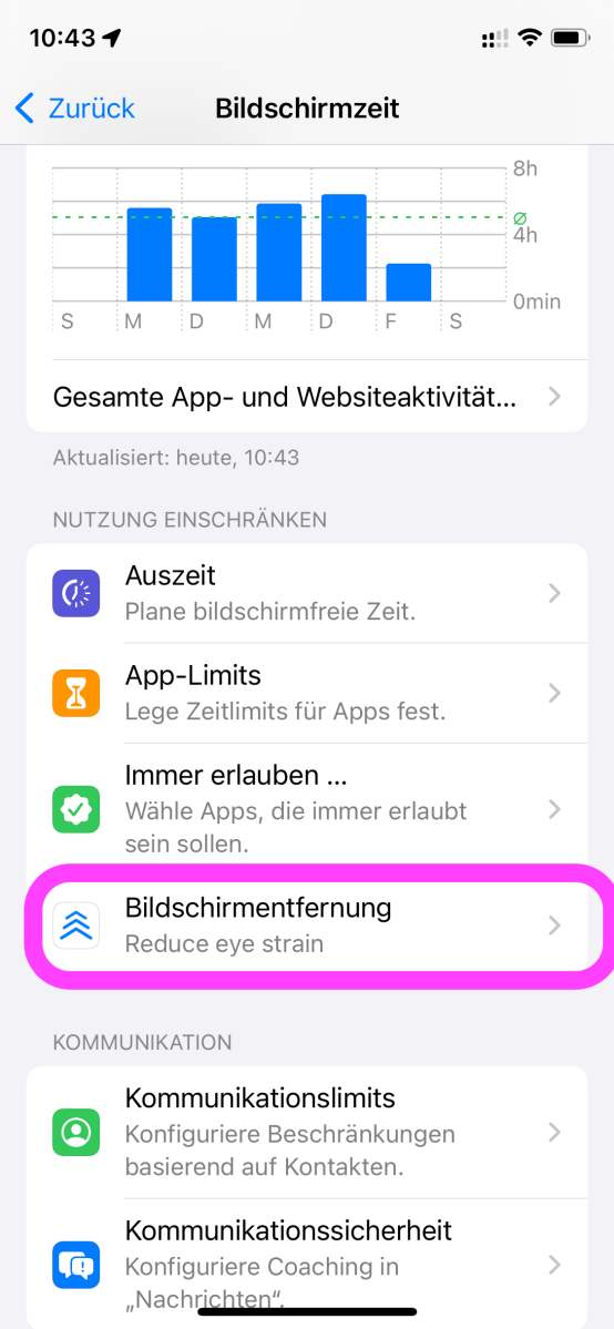 Bildschirmentfernung unter iOS 17 einstellen