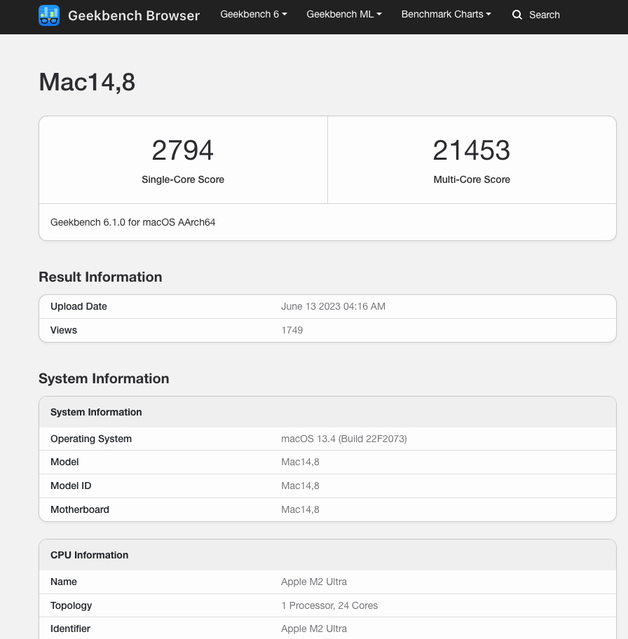 Mac Pro 2023 (M2 Ultra) Geekbench 6 scores