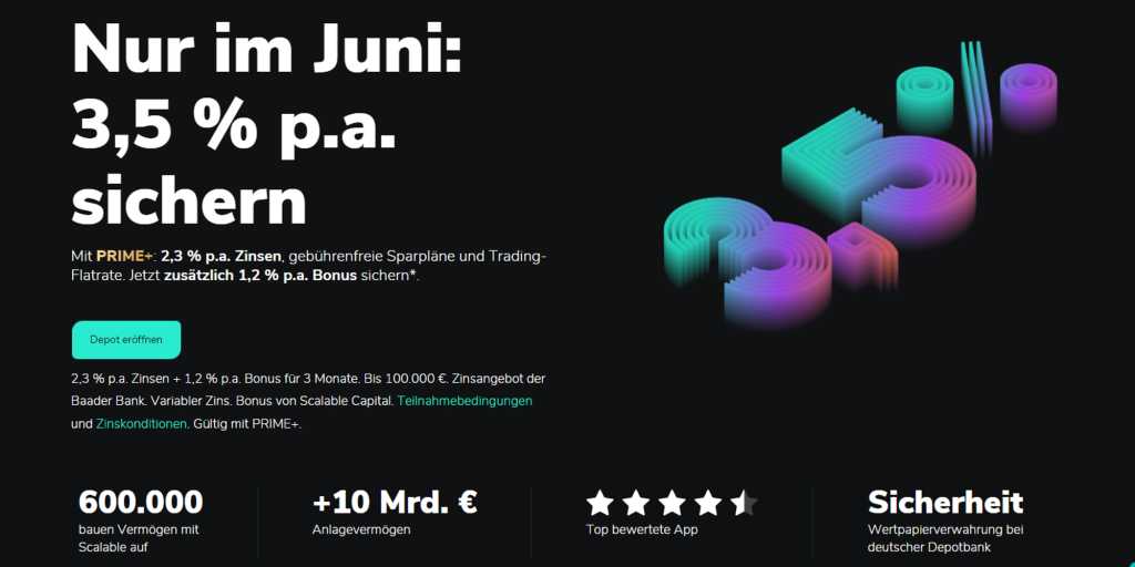 Image: Online-Broker Scalable Capital lockt mit 3,5 % Guthaben-Zinsen bei Juni-Aktion