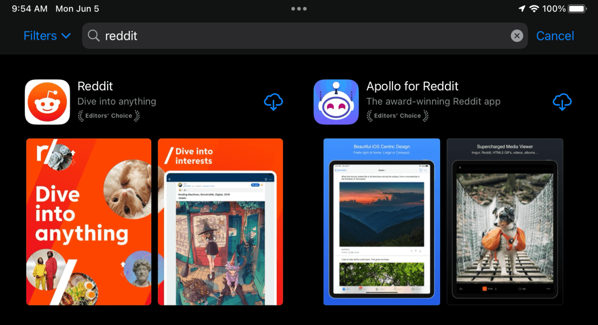 Reddit search results, iOS app store