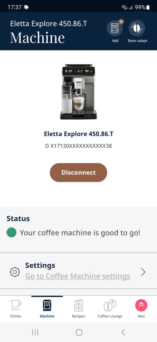 A screenshot of the DeLonghi Coffee Link app machine page