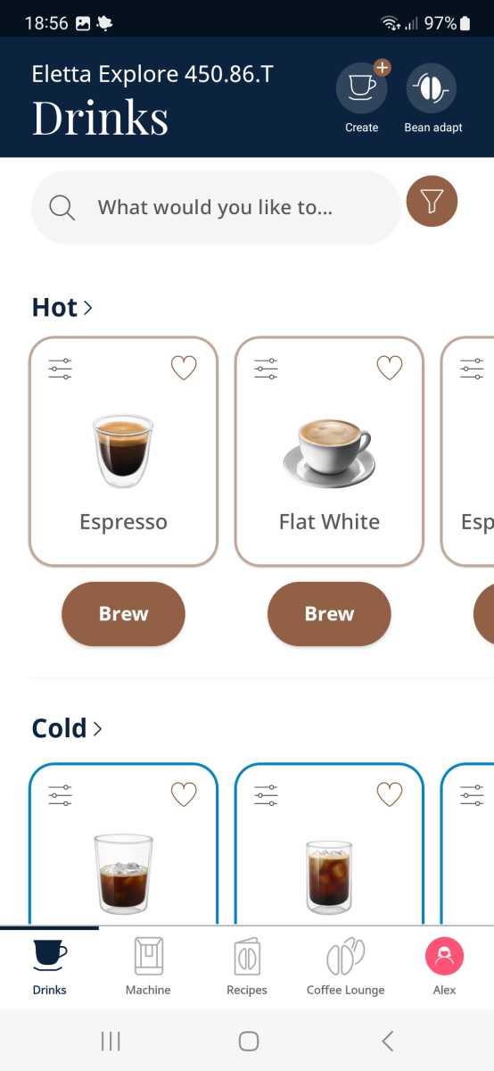   A screenshot of the DeLonghi Coffee Link app drinks page
