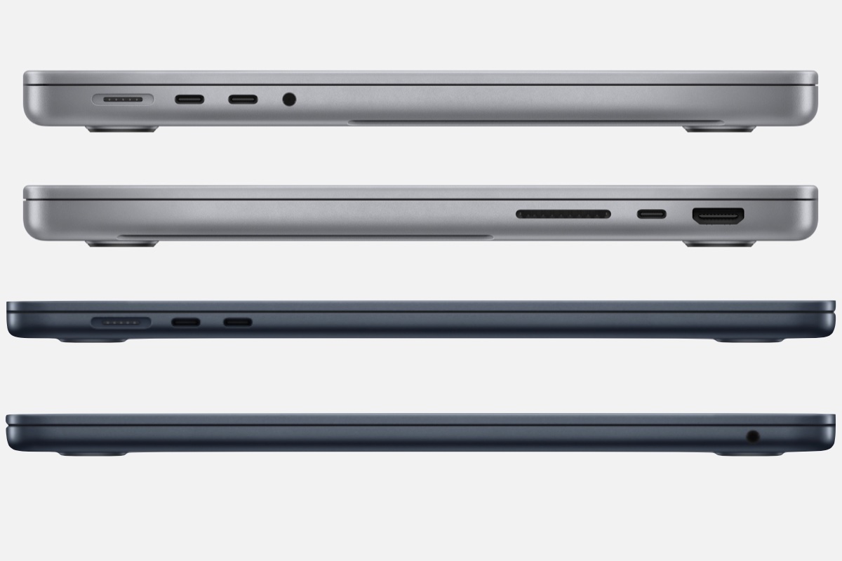 Bagian samping MacBook Air 15 inci dan MacBook Pro 14 inci