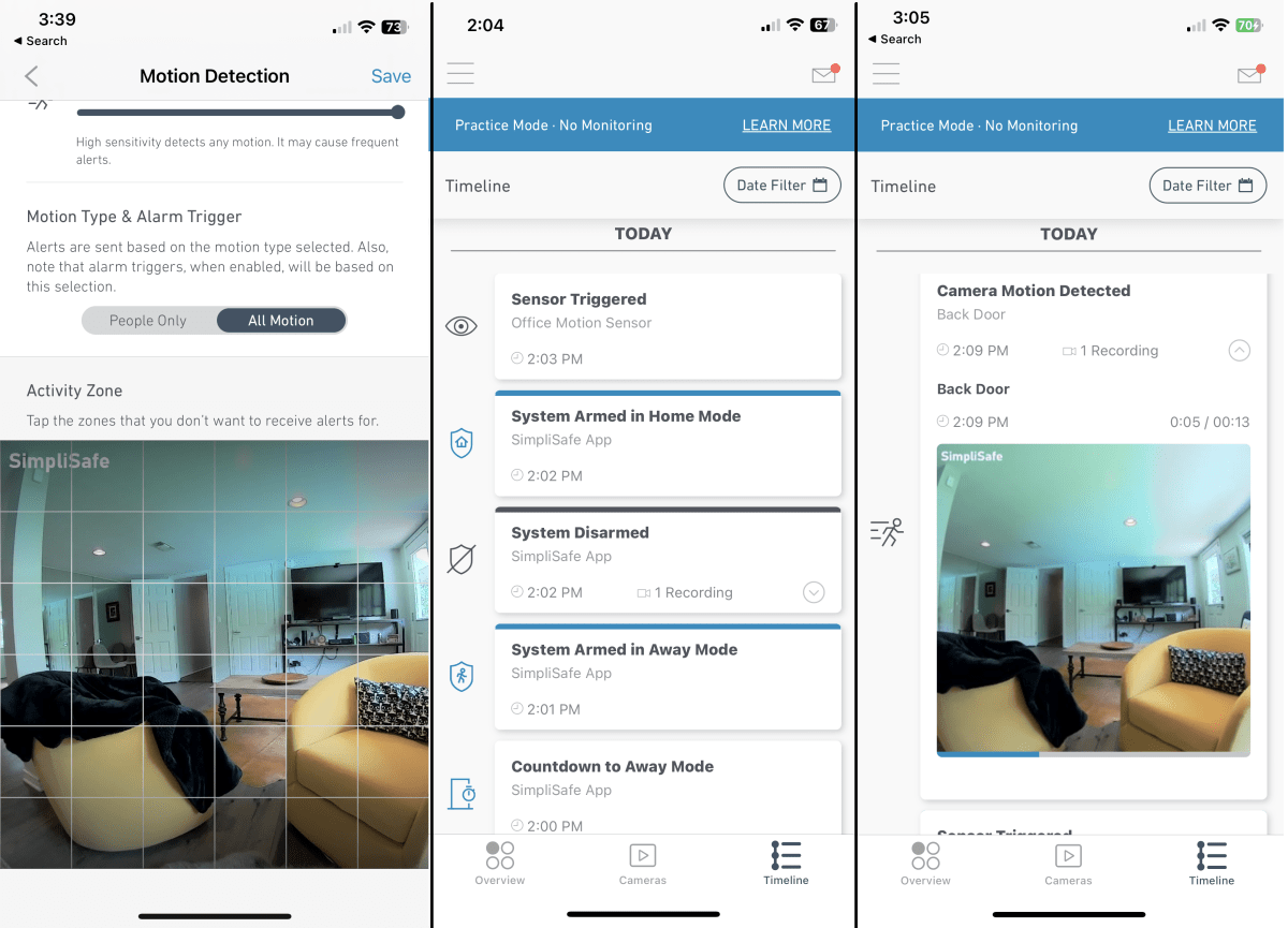 Captures d'écran de l'application SimpliSafe Smart Alarm Camera