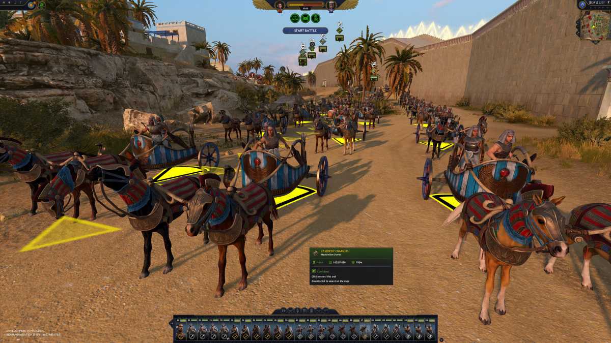 Vielleicht hätte sich Creative Assembly für ein fortgeschritteneres Zeitalter entscheiden sollen: Wir haben zwar drei Varianten von Streitwagen, jeweils mit Bogenschützen oder als Schockeinheit. Aber keine Pferde, Kamele oder Dromedare als Kavallerie.