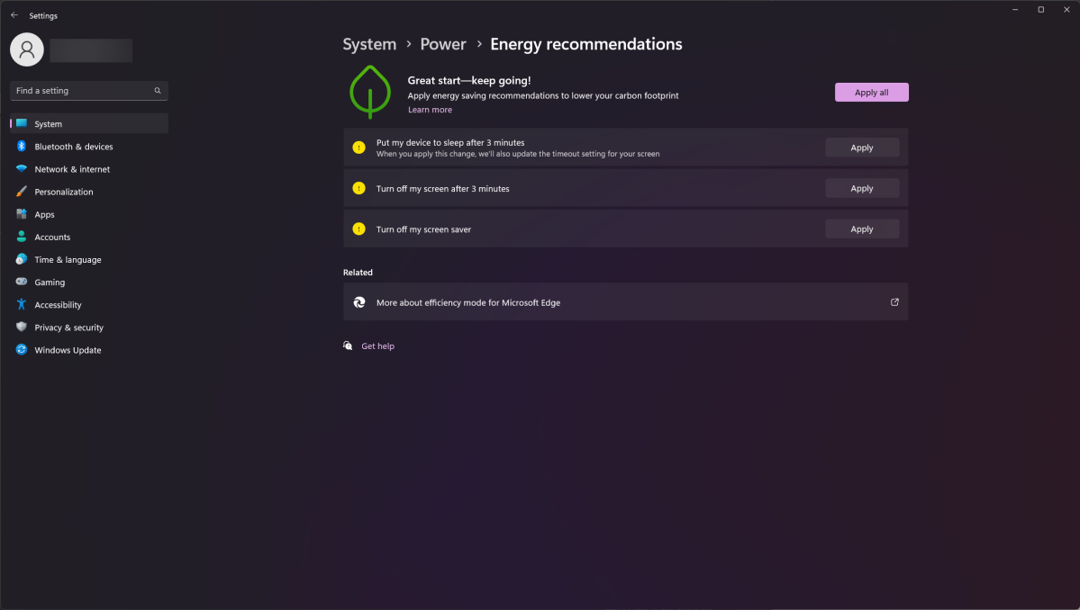 Windows 11 feature - Energy Recommendations