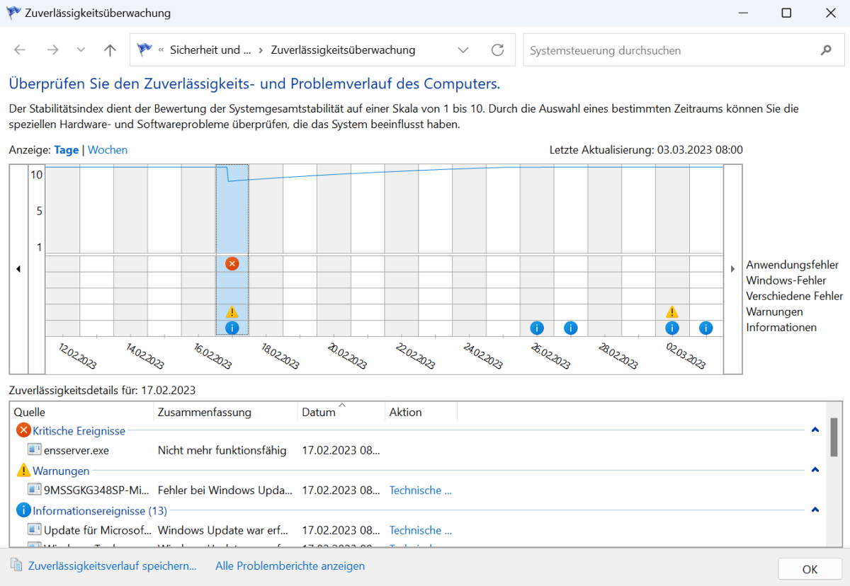 Die Zuverlässigkeitsüberwachung von Windows hält zurückliegende Fehler und Probleme fest. Die Hinweise unter der Verlaufsgrafik helfen bei der nachträglichen Analyse weiter.