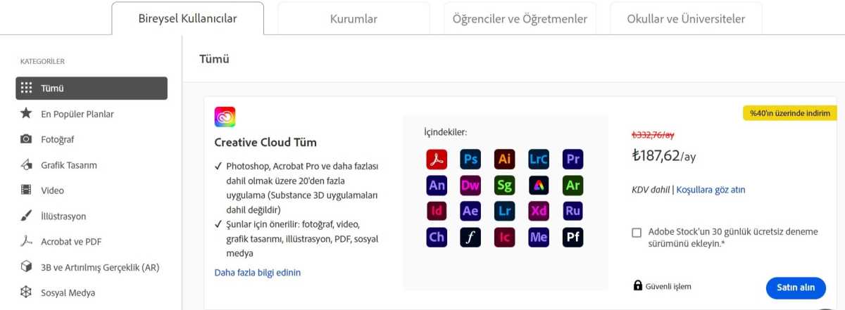 Adobe Creative Cloud Turkish plans page