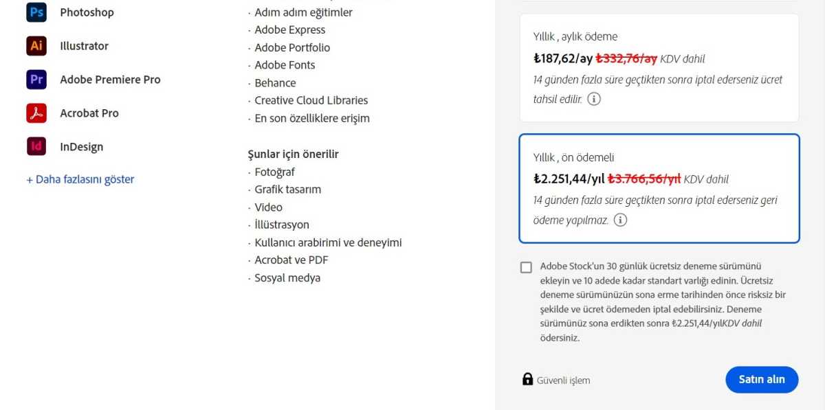 Adobe Creative Cloud choose All Apps plan Turkish