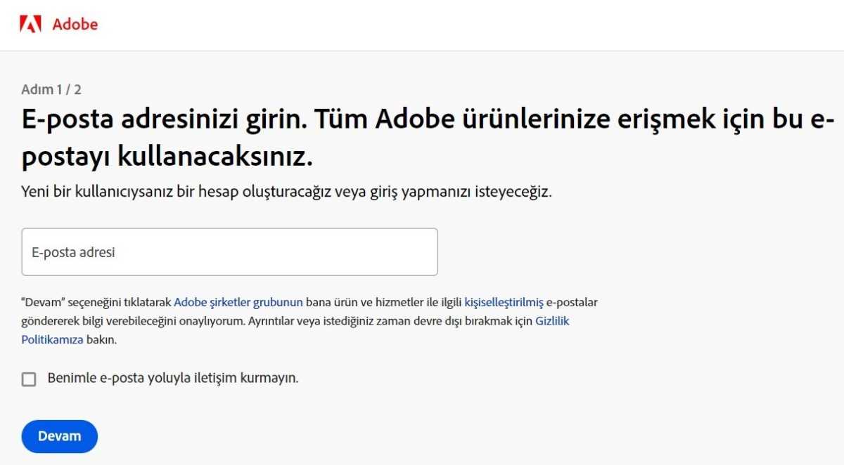 Adobe Creative Cloud Turkish sign up page