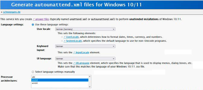 Dieser Onlinegenerator erzeugt eine kleine XML-Datei für den Setup-Stick, die alle Rückfragen und Nutzereingaben bei der Installation von Windows übergeht.