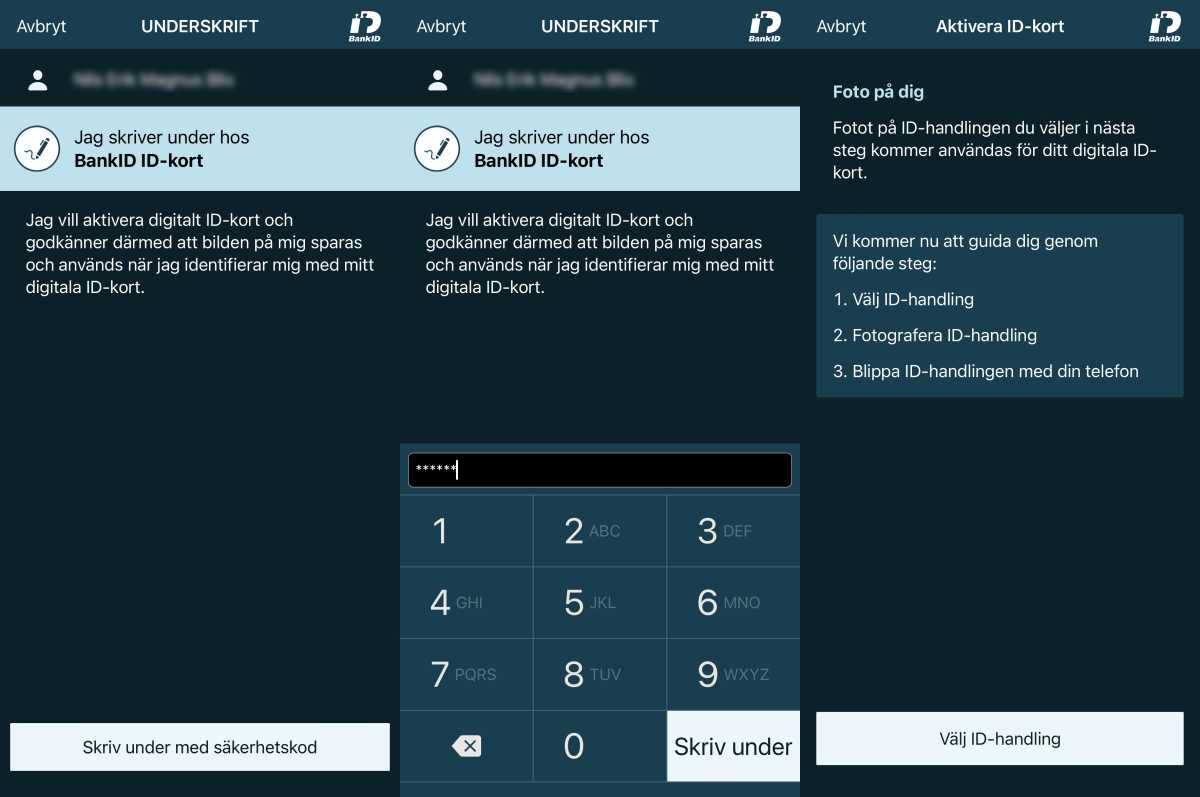 Skärmdumpar från appen bank-id.