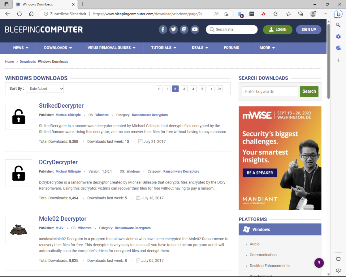 Auf BleepingComputer finden Sie die größte Sammlung von Entschlüsselungsprogrammen.