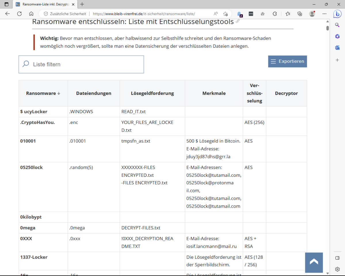 Die Initiative Bleib-virenfrei hat eine Liste mit 851 Ransomware-Varianten ins Internet gestellt. Sie nennt auch, falls vorhanden, verfügbare Entschlüsselungsprogramme.