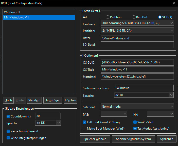 Bootmenü bearbeiten: Mit Bootice lässt sich das System in der VHD-Datei in die Bootumgebung integrieren. Achten Sie auf die korrekte Pfadangabe hinter „Datei“.