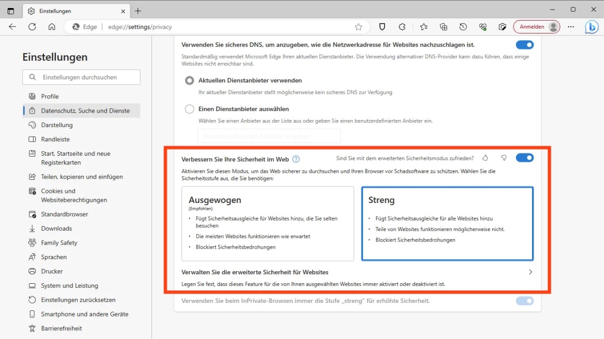 Edge Erweiterter Sicherheitsmodus