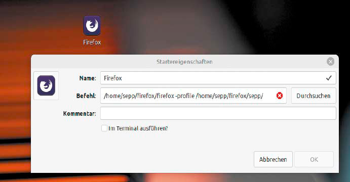 Start mit expliziter Angabe des Profilordners: Unter Linux ist der Parameter „-profile“ erforderlich, um Firefox mit den gespeicherten Einstellungen zu laden.