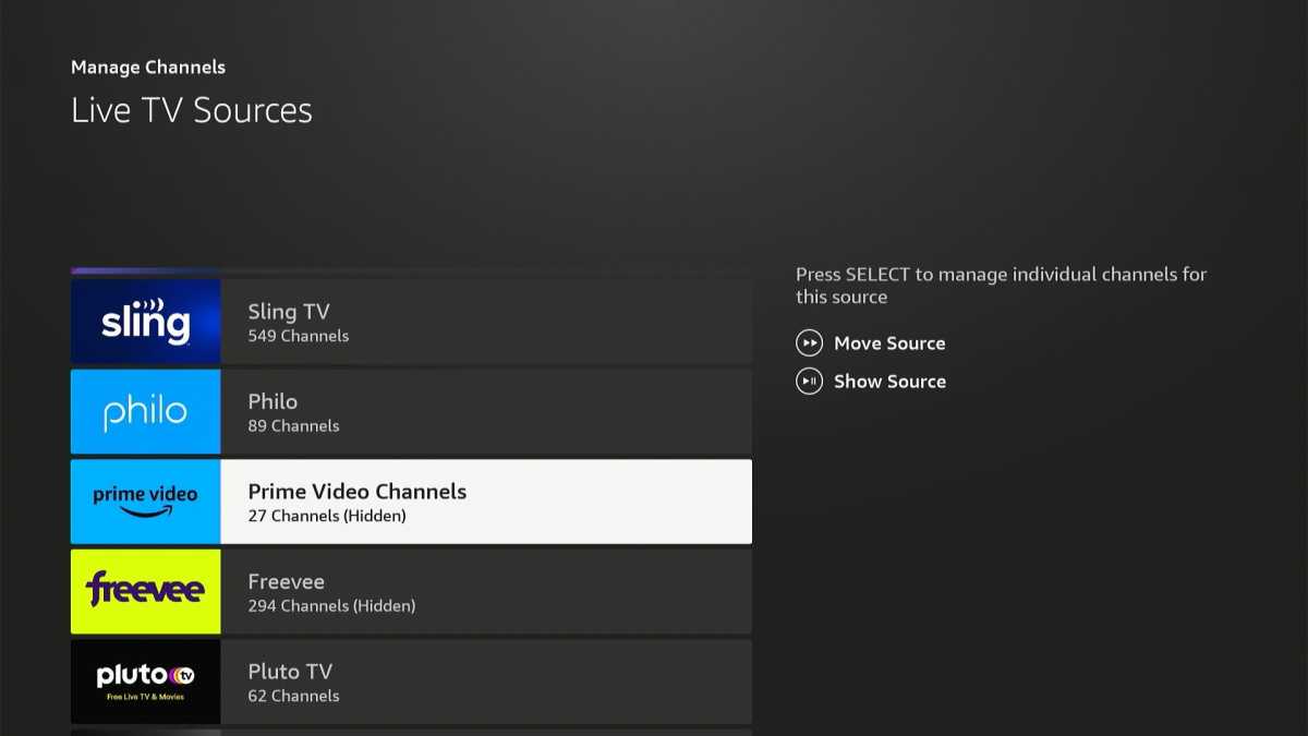 Guía de Fire TV: menú Administrar fuentes