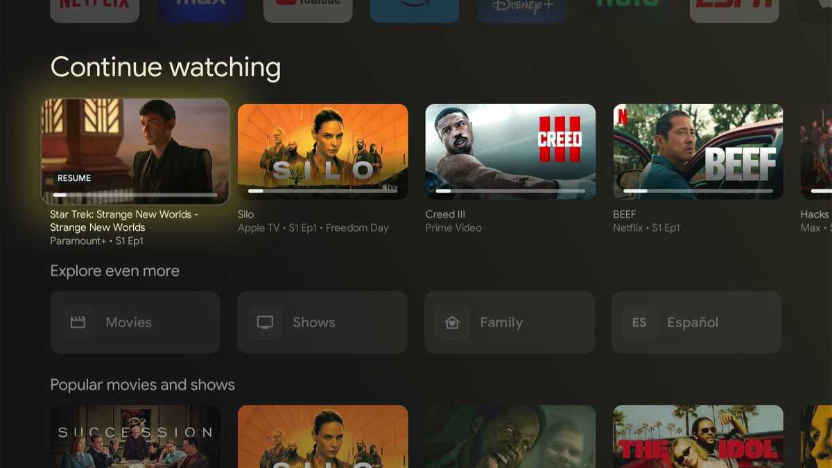 Google TV's "Continue Watching" row on Walmart Onn 4K Streaming Box