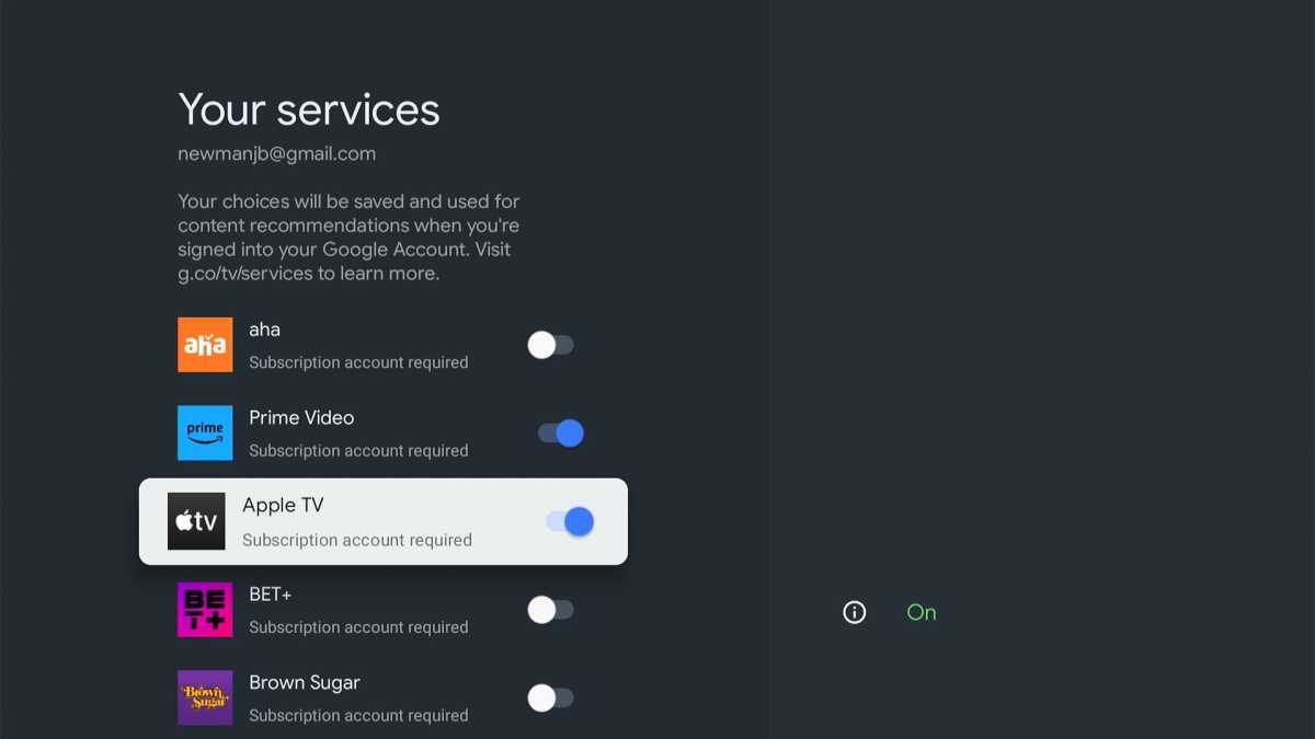 Google TV Your services menu on Walmart Onn 4K Streaming Box