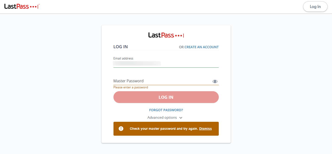 LastPass login error screen (bad password)