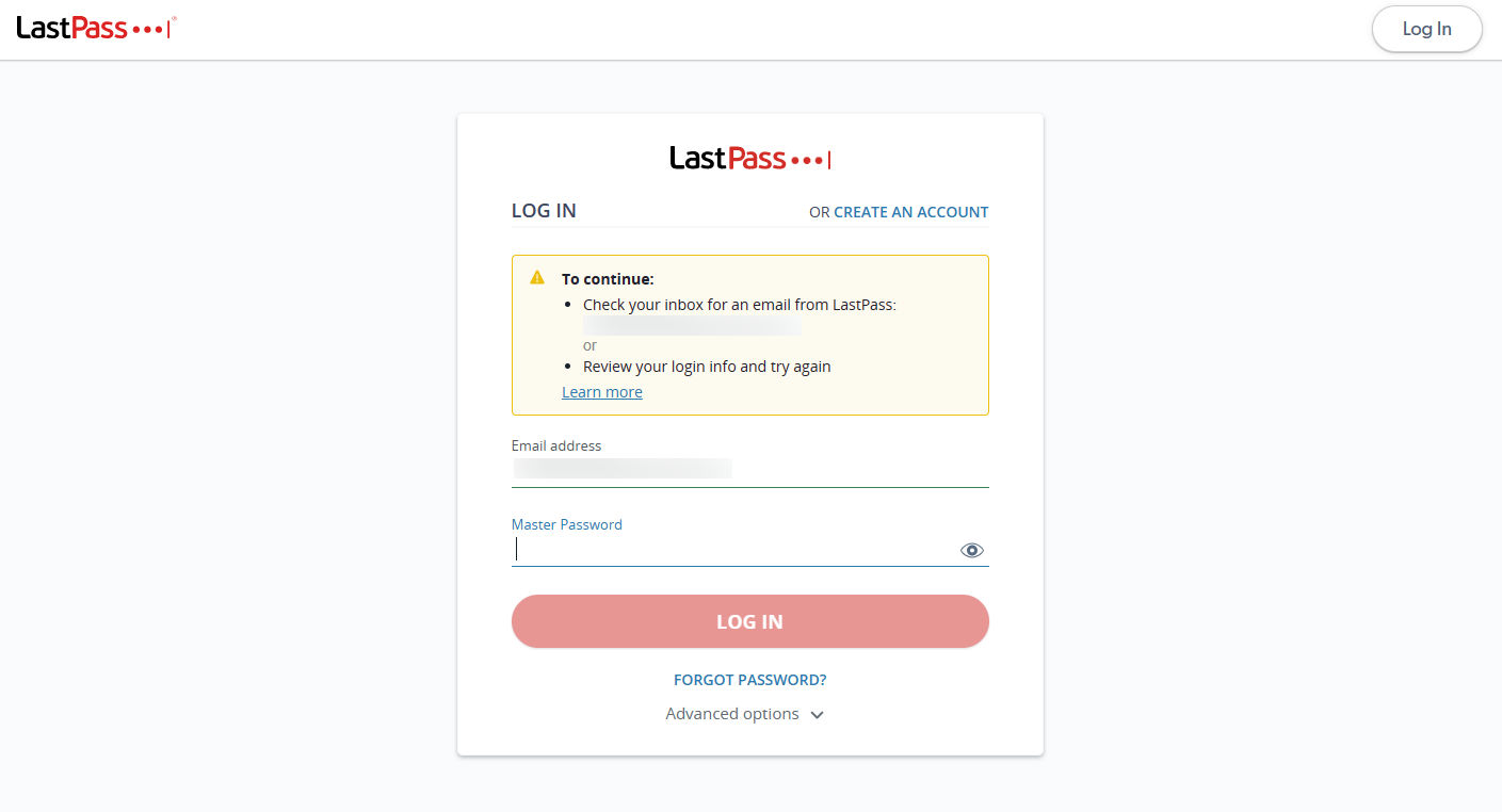 LastPass login error screen (location verification required)