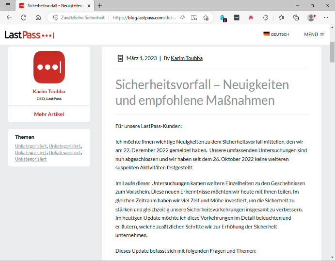 Nach mehreren, immer wieder korrigierten Statements zu dem Hacker-Angriff auf Lastpass veröffentlichte die Firma Anfang März einen Blog-Beitrag, der alle bekannten Fakten zusammenfasste.