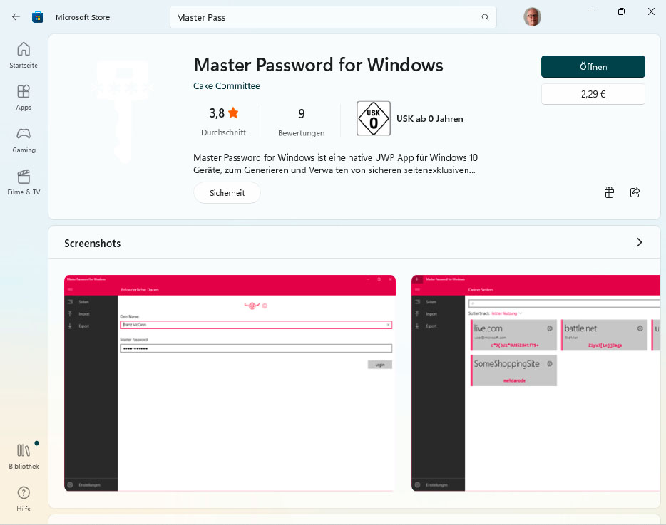 Master Password ist kein Passwortmanager im eigentlichen Sinne, sondern eher ein Passwortschutz. Die Windows- Version ist für wenig Geld im Microsoft Store erhältlich, die Versionen für Android und iOS sind gratis.
