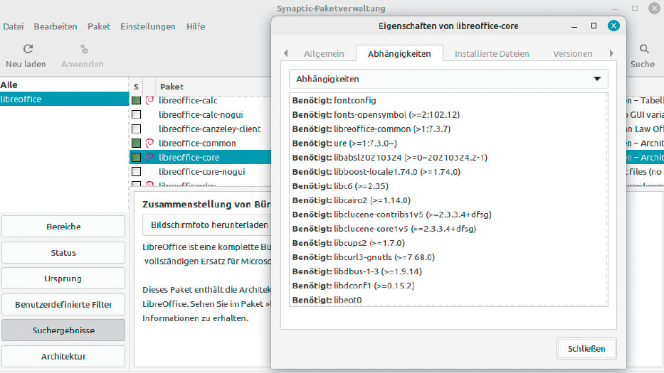 Komplexe Pakete: Synaptic zeigt in den Eigenschaften eines Pakets, welche Bibliotheken ein Programm benötigt. Bei Libre Office beispielsweise ist die Liste lang.