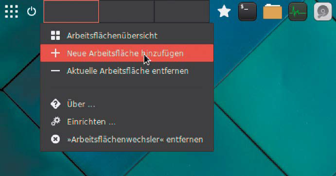 Virtuelle Desktops: Die Anzahl richten Sie im optionalen Leisten- Applet „Arbeitsflächenumschalter“ oder in der Arbeitsflächenübersicht ein (Strg-Alt-Cursoroben).