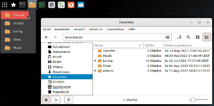 „Favoriten“ ähneln dem Windows-Schnellzugriff. Die Dateiobjekte sind in der Nemo-Navigation zu erreichen, auf Wunsch auch noch über ein extra Leisten-Applet.