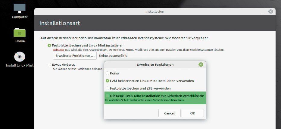 Cryptsetup-Datenträgerverschlüsselung: Dieser Datenschutz ist in Linux Mint einfach einzurichten, falls das neue System die komplette primäre Festplatte übernehmen darf.