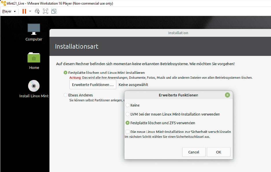 Installer mit ZFS-Angebot: Ubuntu hat dieses überdimensionierte Dateisystem seit 2019 im Installer. Linux Mint tilgte diese Option lange Zeit, zieht aber jetzt mit Version 21 nach.