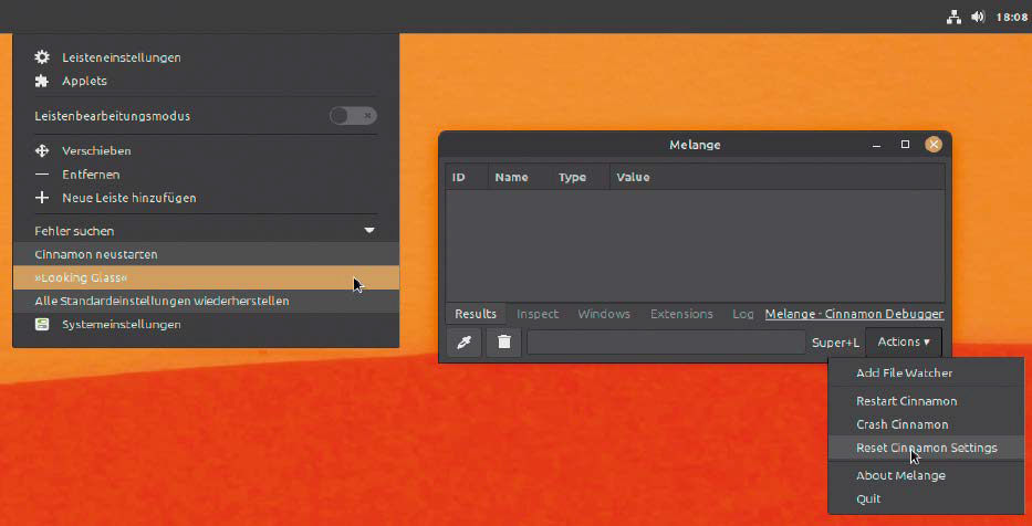 Eingebaute Problemlöser: Bei Cinnamon-Problemen helfen die Hotkeys Strg-Alt-Esc und Strg-Alt-Rücktaste sowie dieses Tool, das über den Leistenkontext zu erreichen ist.